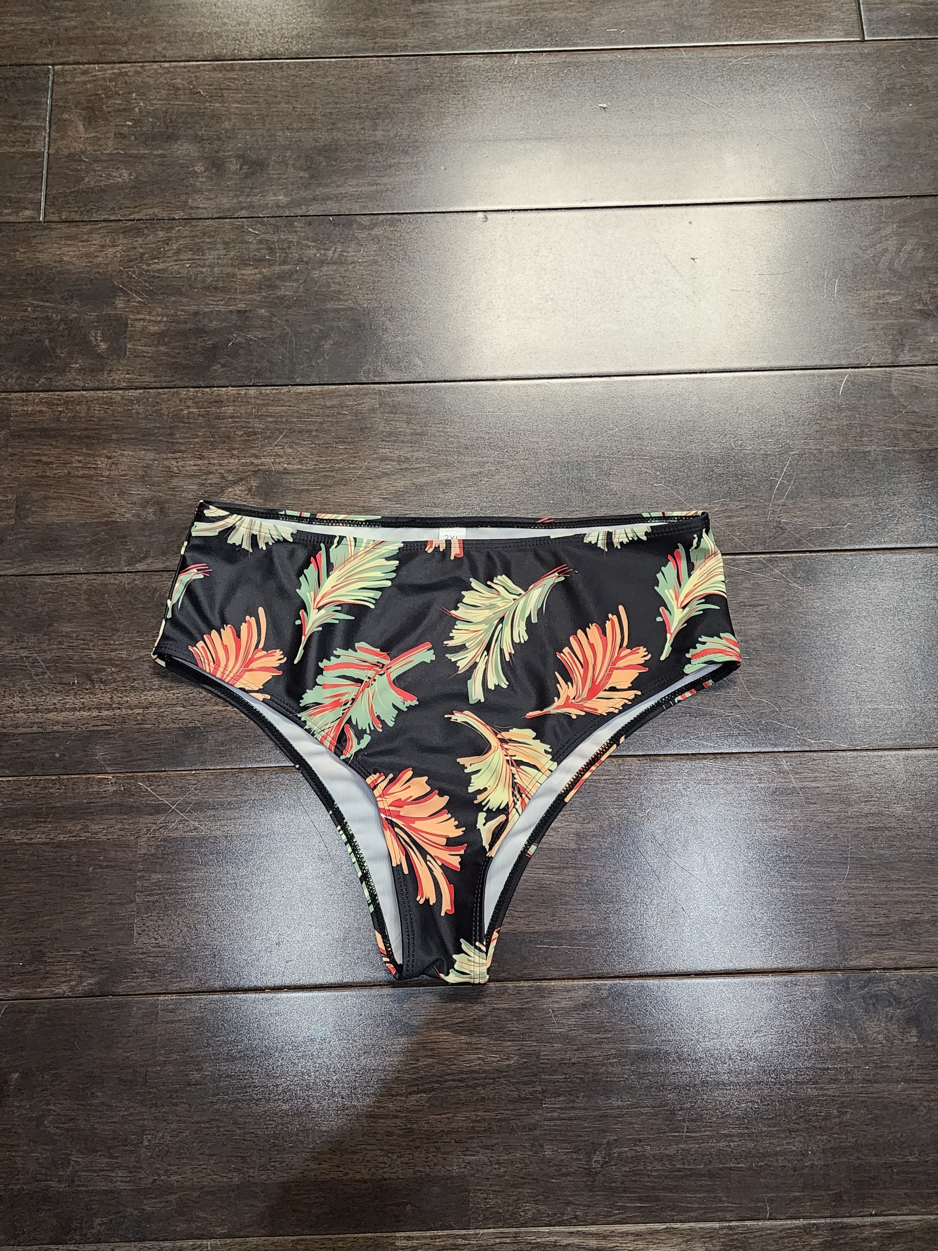 High-Waist Tropical Leaf Bikini Bottoms - Black With Green & Coral